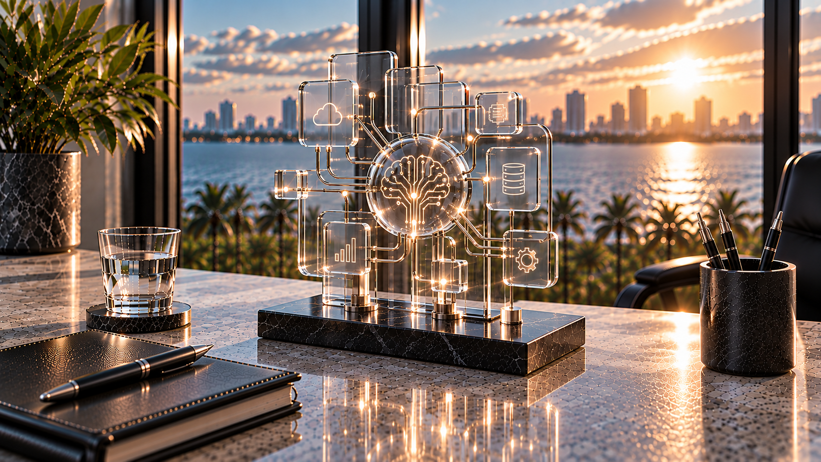 Glass technology sculpture representing connected artificial intelligence, software, data, and operations at sunset