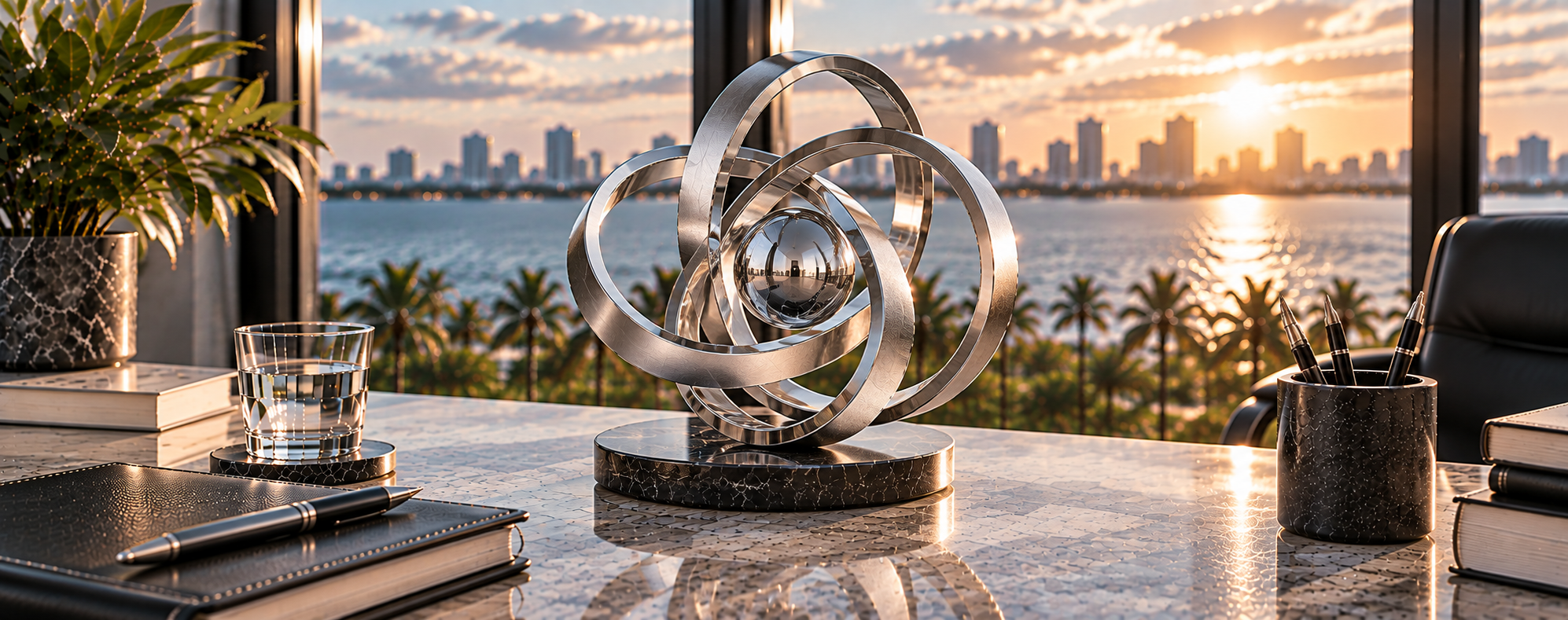Interlocking silver rings on an executive desk overlooking the waterfront at sunset